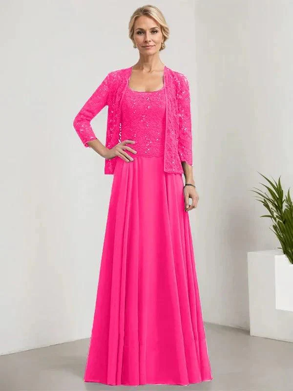 A-line Square Floor-Length Lace Chiffon Mother of the Bride Dress With Sequins - Image 68