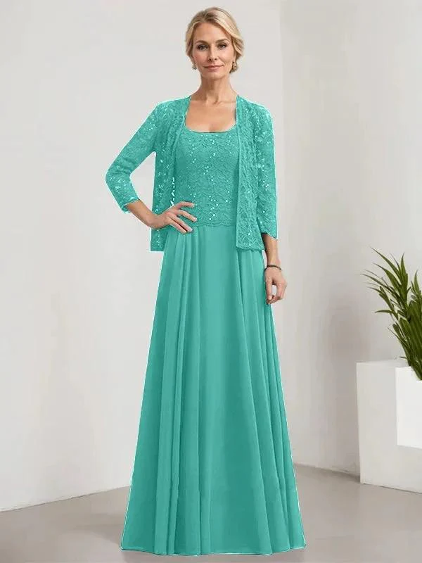 A-line Square Floor-Length Lace Chiffon Mother of the Bride Dress With Sequins - Image 70