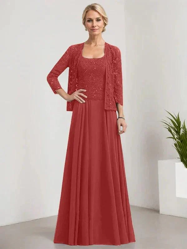 A-line Square Floor-Length Lace Chiffon Mother of the Bride Dress With Sequins - Image 74