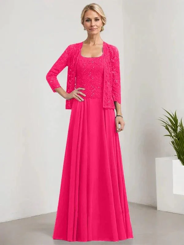 A-line Square Floor-Length Lace Chiffon Mother of the Bride Dress With Sequins - Image 75