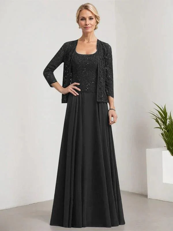 A-line Square Floor-Length Lace Chiffon Mother of the Bride Dress With Sequins - Image 9