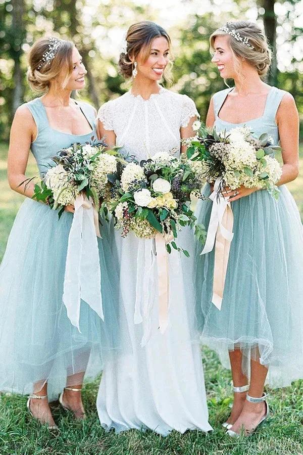 A-line Square High Low Tulle Beaded Simple Bridesmaid Dresses  BD111 - Image 2