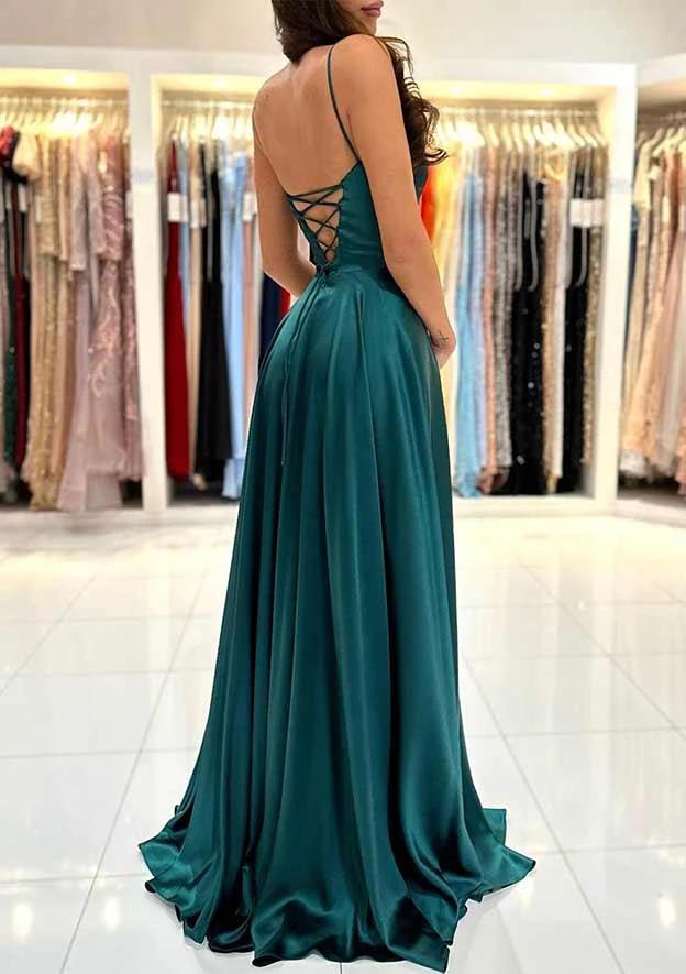 A-line Square Neckline Spaghetti Straps Backless Long Prom Dress with Split - Image 2