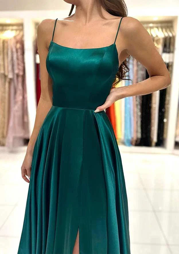 A-line Square Neckline Spaghetti Straps Backless Long Prom Dress with Split - Image 3