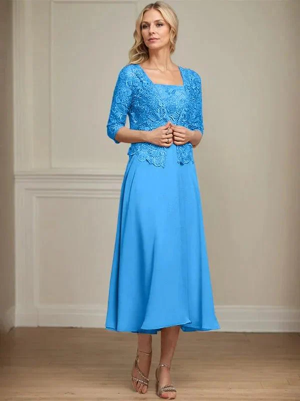 A-line Square Tea-Length Chiffon Lace Mother of the Bride Dress With Sequins Beading - Image 10
