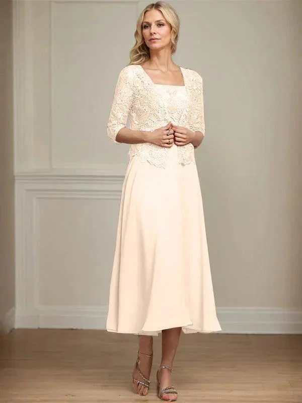 A-line Square Tea-Length Chiffon Lace Mother of the Bride Dress With Sequins Beading - Image 11