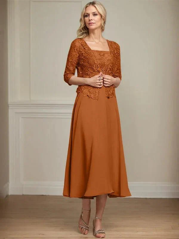 A-line Square Tea-Length Chiffon Lace Mother of the Bride Dress With Sequins Beading - Image 12