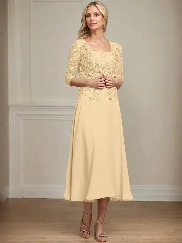 A-line Square Tea-Length Chiffon Lace Mother of the Bride Dress With Sequins Beading - Image 13