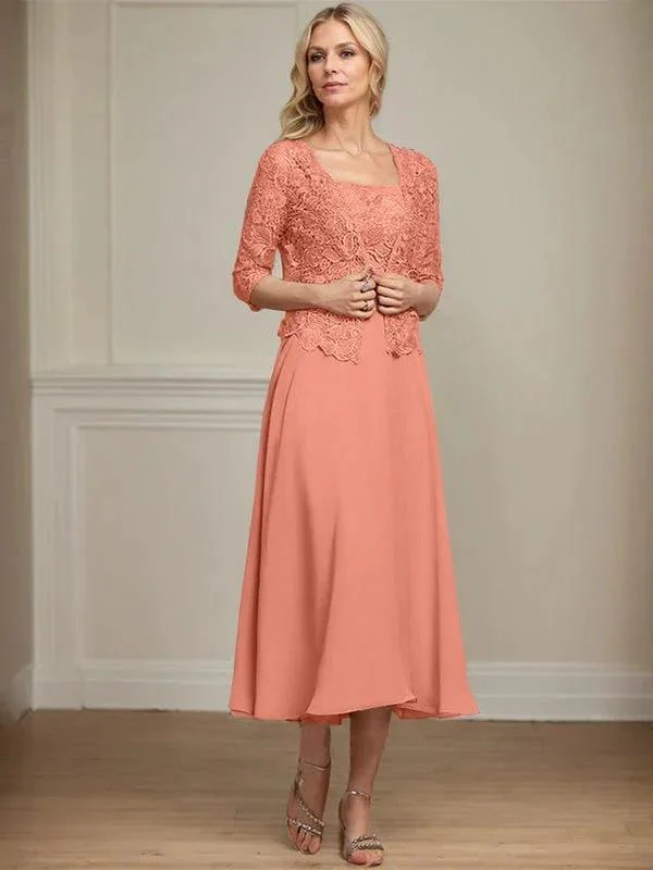 A-line Square Tea-Length Chiffon Lace Mother of the Bride Dress With Sequins Beading - Image 14