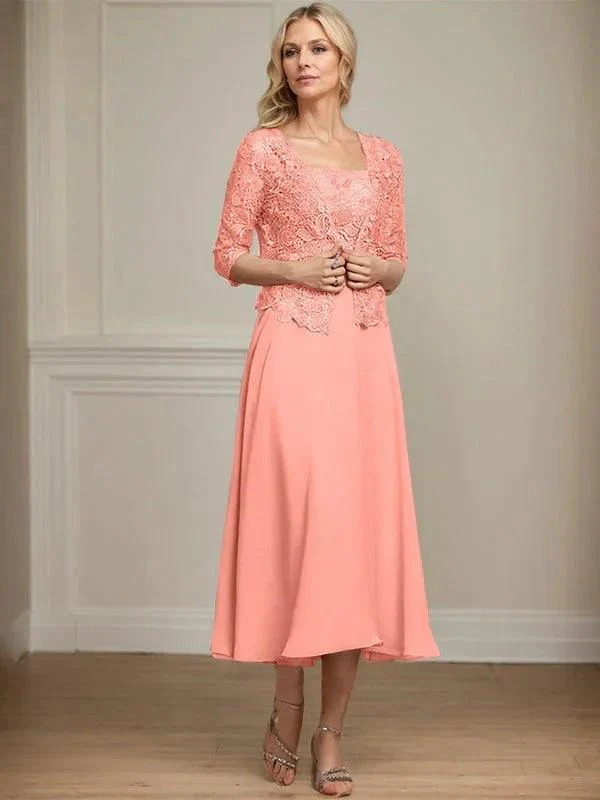 A-line Square Tea-Length Chiffon Lace Mother of the Bride Dress With Sequins Beading - Image 15