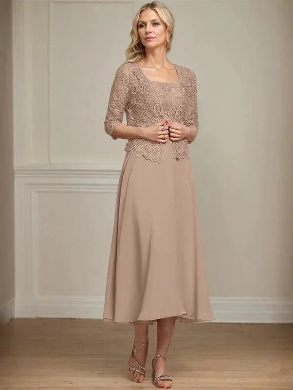 A-line Square Tea-Length Chiffon Lace Mother of the Bride Dress With Sequins Beading - Image 16