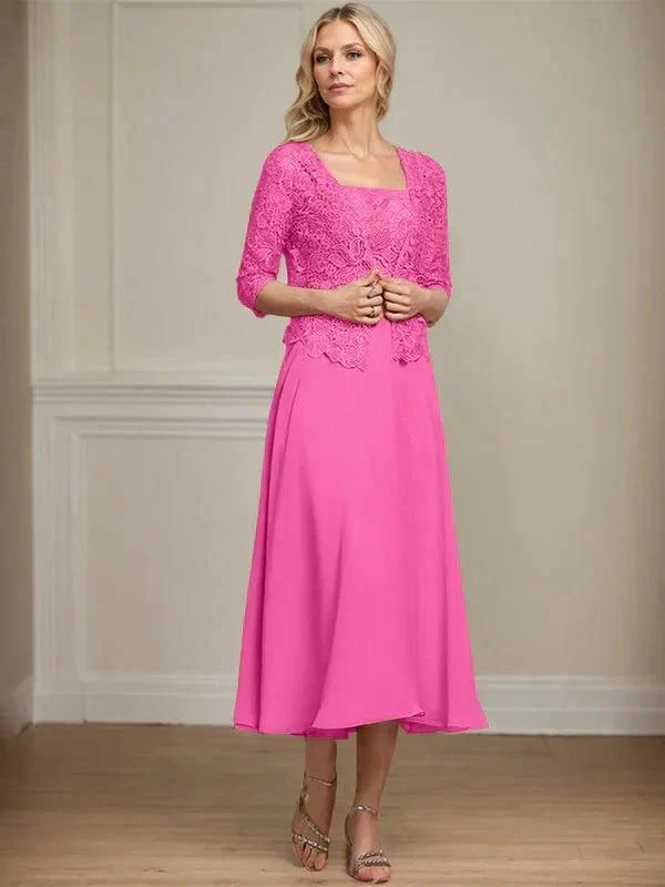 A-line Square Tea-Length Chiffon Lace Mother of the Bride Dress With Sequins Beading - Image 17