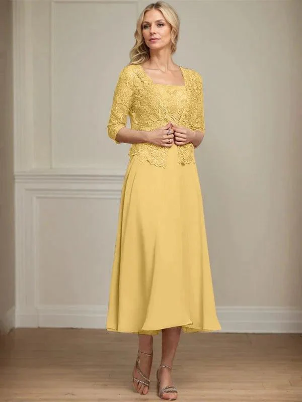A-line Square Tea-Length Chiffon Lace Mother of the Bride Dress With Sequins Beading - Image 18