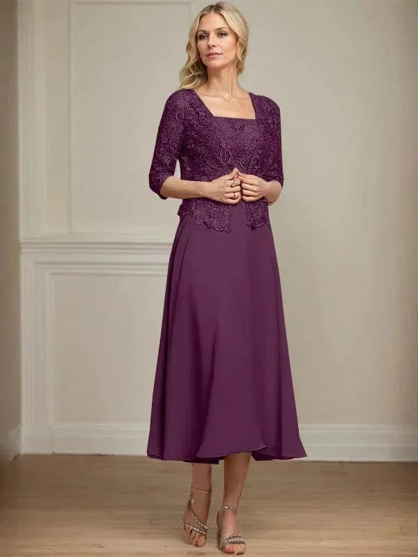 A-line Square Tea-Length Chiffon Lace Mother of the Bride Dress With Sequins Beading - Image 19