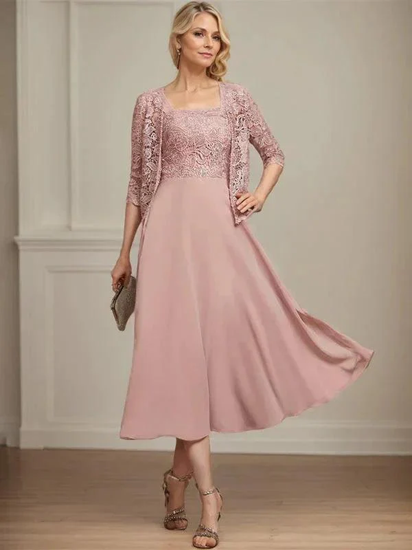 A-line Square Tea-Length Chiffon Lace Mother of the Bride Dress With Sequins Beading - Image 2
