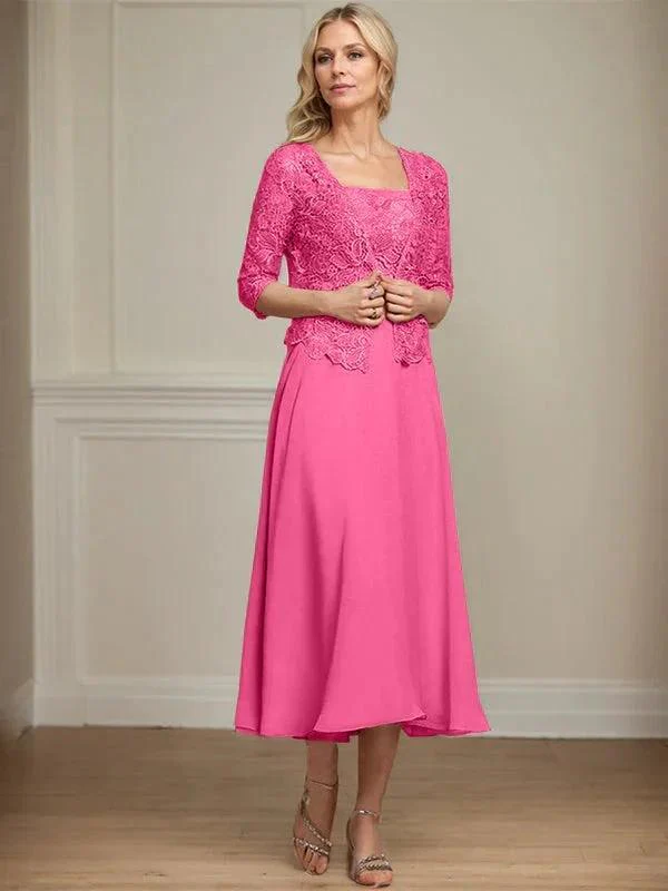 A-line Square Tea-Length Chiffon Lace Mother of the Bride Dress With Sequins Beading - Image 20