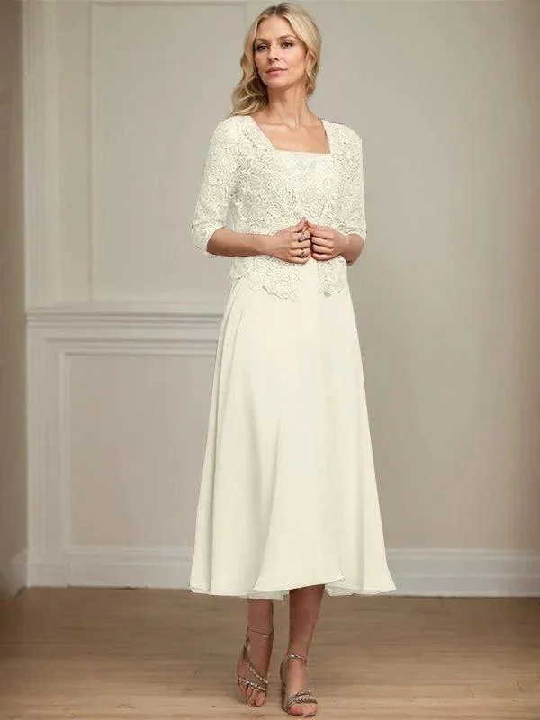 A-line Square Tea-Length Chiffon Lace Mother of the Bride Dress With Sequins Beading - Image 21