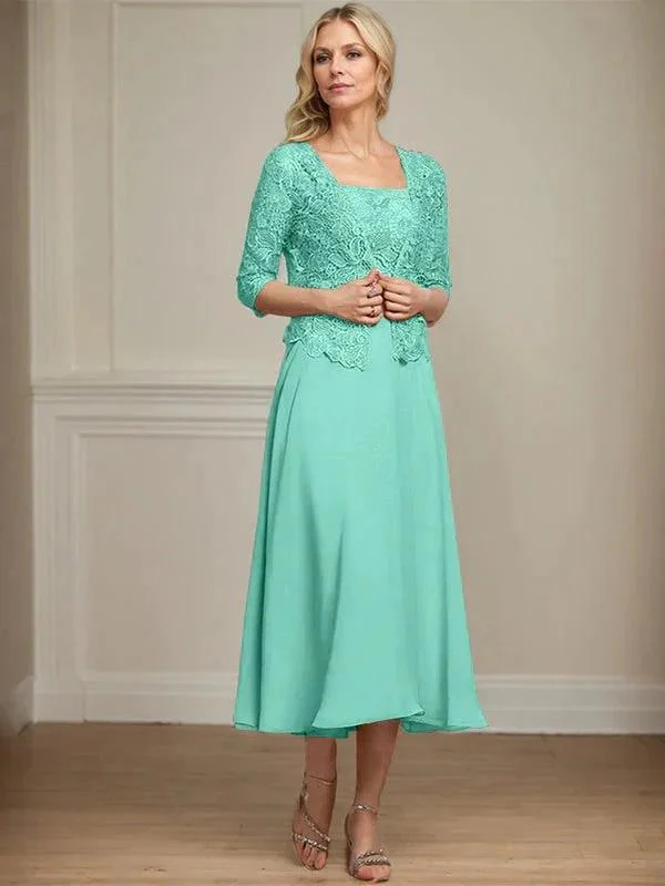 A-line Square Tea-Length Chiffon Lace Mother of the Bride Dress With Sequins Beading - Image 22
