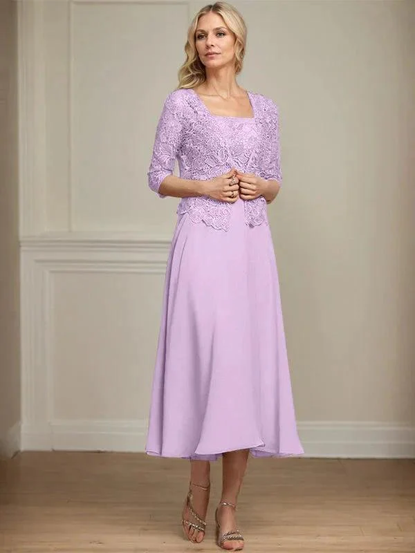 A-line Square Tea-Length Chiffon Lace Mother of the Bride Dress With Sequins Beading - Image 23