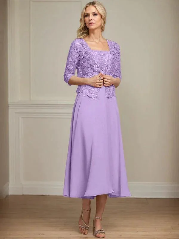 A-line Square Tea-Length Chiffon Lace Mother of the Bride Dress With Sequins Beading - Image 24