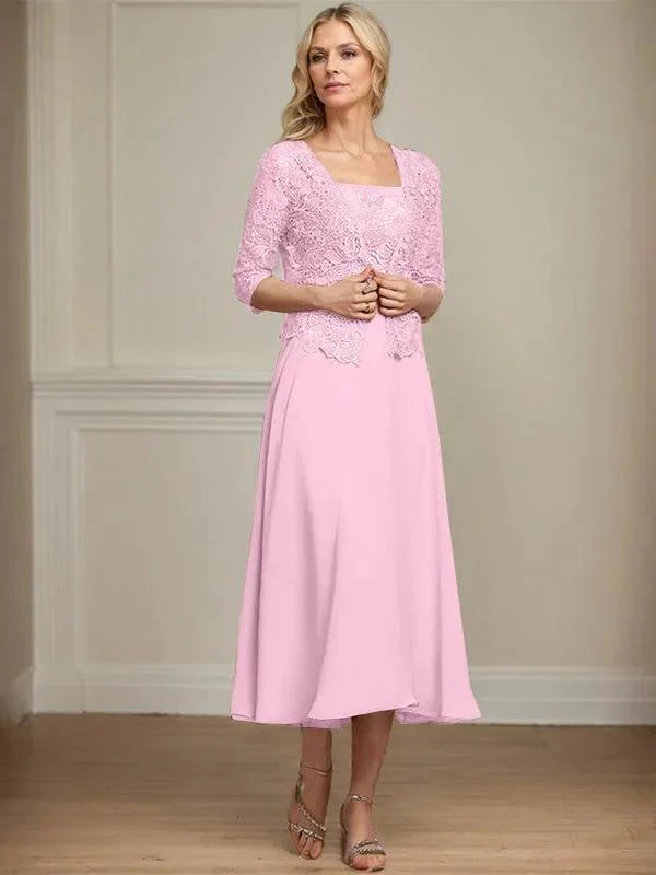A-line Square Tea-Length Chiffon Lace Mother of the Bride Dress With Sequins Beading - Image 25