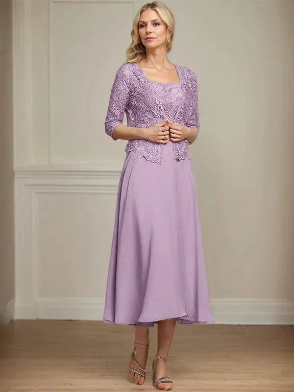A-line Square Tea-Length Chiffon Lace Mother of the Bride Dress With Sequins Beading - Image 26