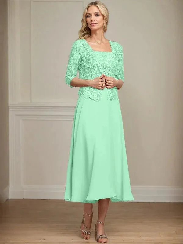 A-line Square Tea-Length Chiffon Lace Mother of the Bride Dress With Sequins Beading - Image 27