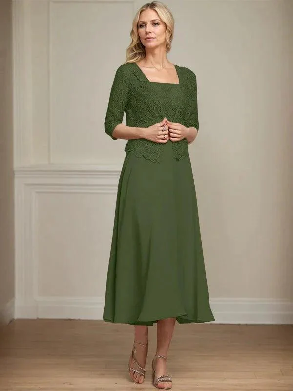 A-line Square Tea-Length Chiffon Lace Mother of the Bride Dress With Sequins Beading - Image 29