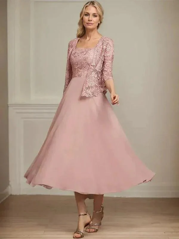 A-line Square Tea-Length Chiffon Lace Mother of the Bride Dress With Sequins Beading - Image 3