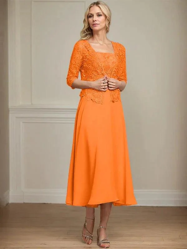 A-line Square Tea-Length Chiffon Lace Mother of the Bride Dress With Sequins Beading - Image 30