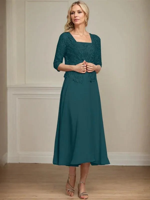 A-line Square Tea-Length Chiffon Lace Mother of the Bride Dress With Sequins Beading - Image 31