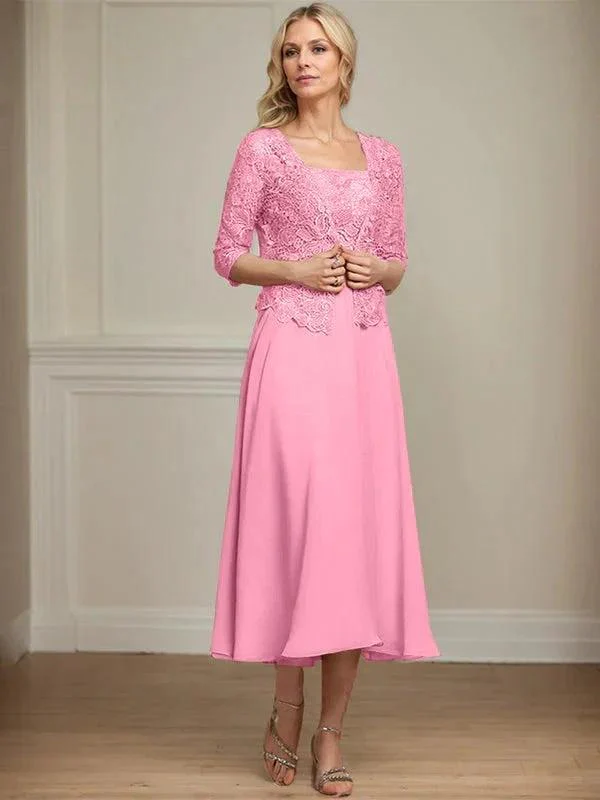 A-line Square Tea-Length Chiffon Lace Mother of the Bride Dress With Sequins Beading - Image 32