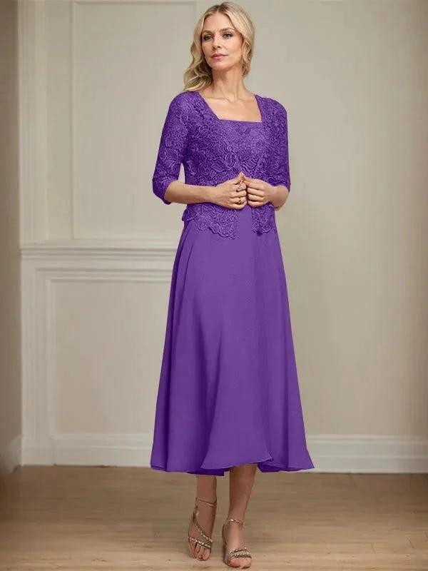 A-line Square Tea-Length Chiffon Lace Mother of the Bride Dress With Sequins Beading - Image 33