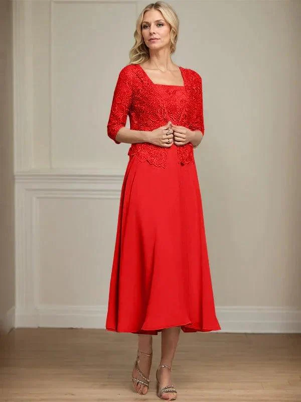 A-line Square Tea-Length Chiffon Lace Mother of the Bride Dress With Sequins Beading - Image 34