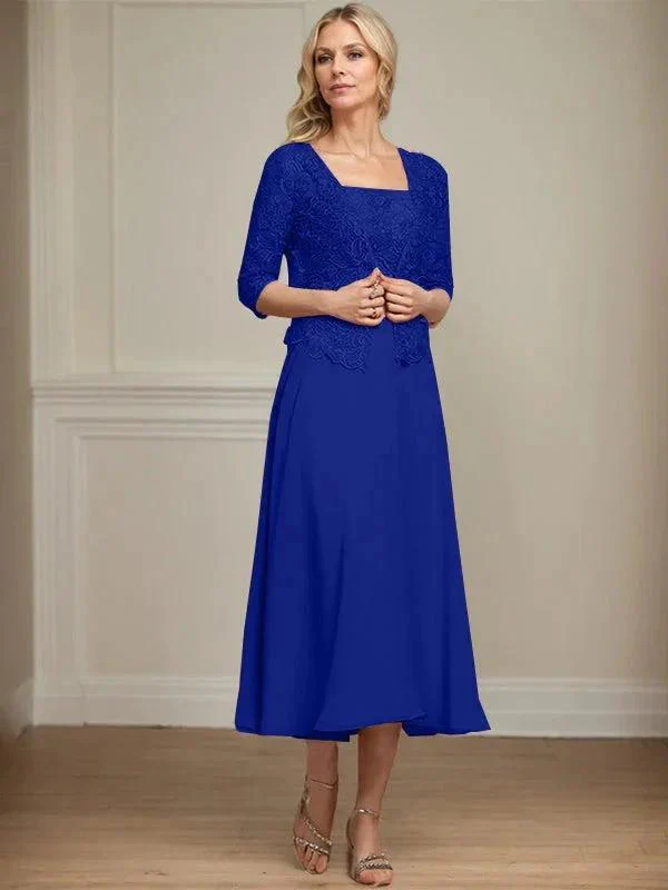 A-line Square Tea-Length Chiffon Lace Mother of the Bride Dress With Sequins Beading - Image 35