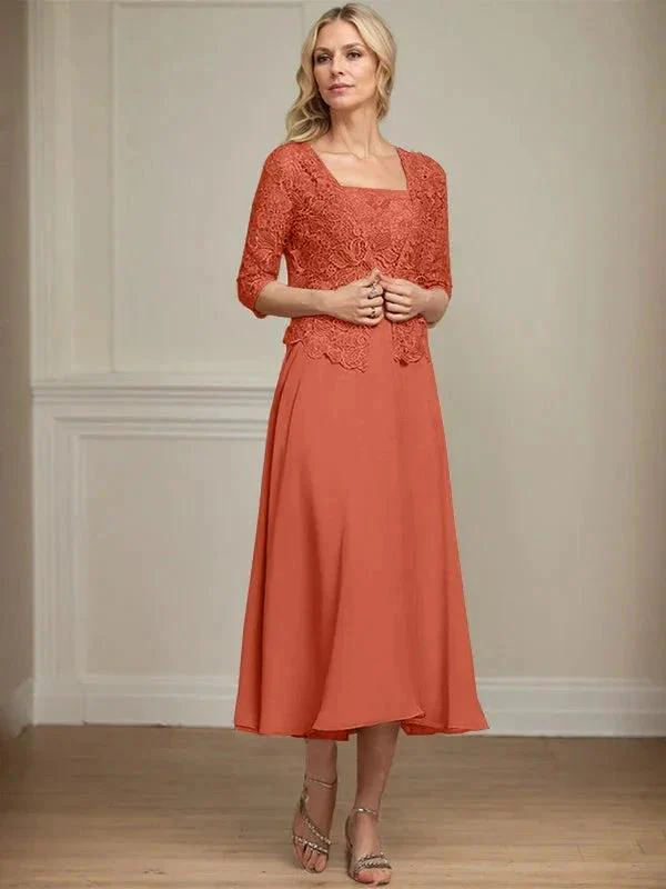 A-line Square Tea-Length Chiffon Lace Mother of the Bride Dress With Sequins Beading - Image 36