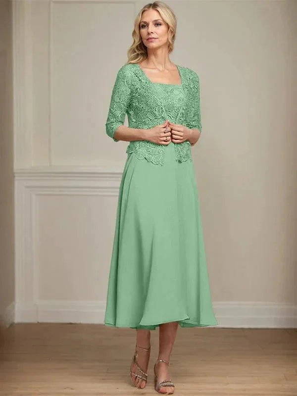 A-line Square Tea-Length Chiffon Lace Mother of the Bride Dress With Sequins Beading - Image 37