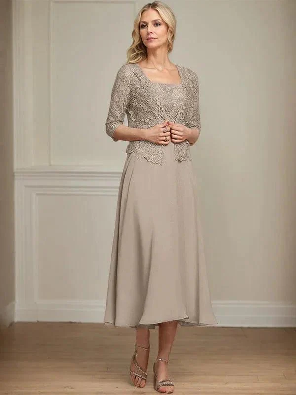 A-line Square Tea-Length Chiffon Lace Mother of the Bride Dress With Sequins Beading - Image 38