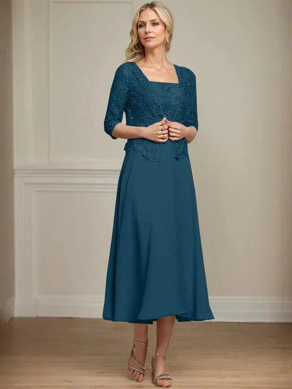 A-line Square Tea-Length Chiffon Lace Mother of the Bride Dress With Sequins Beading - Image 39
