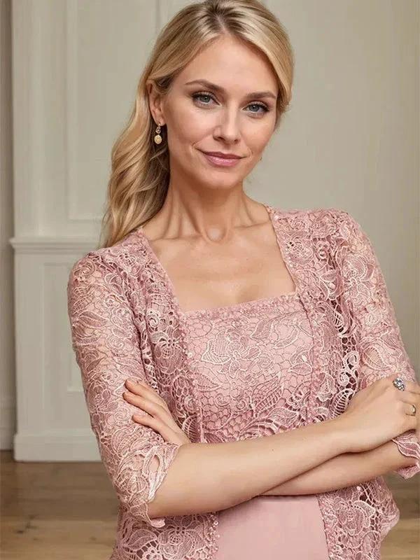 A-line Square Tea-Length Chiffon Lace Mother of the Bride Dress With Sequins Beading - Image 4
