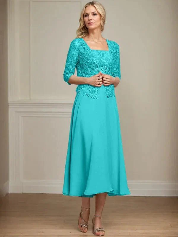 A-line Square Tea-Length Chiffon Lace Mother of the Bride Dress With Sequins Beading - Image 40