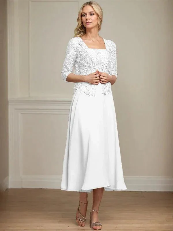 A-line Square Tea-Length Chiffon Lace Mother of the Bride Dress With Sequins Beading - Image 41
