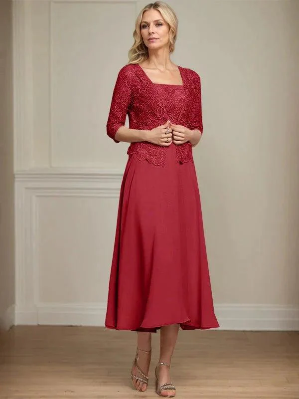 A-line Square Tea-Length Chiffon Lace Mother of the Bride Dress With Sequins Beading - Image 42