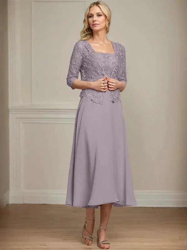 A-line Square Tea-Length Chiffon Lace Mother of the Bride Dress With Sequins Beading - Image 43