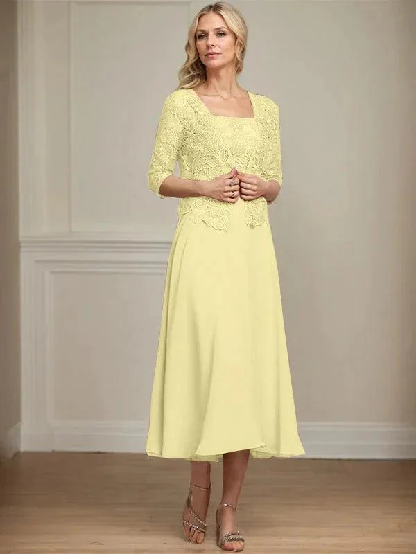 A-line Square Tea-Length Chiffon Lace Mother of the Bride Dress With Sequins Beading - Image 44