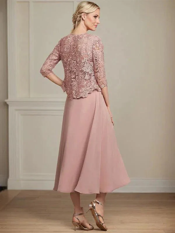 A-line Square Tea-Length Chiffon Lace Mother of the Bride Dress With Sequins Beading - Image 5