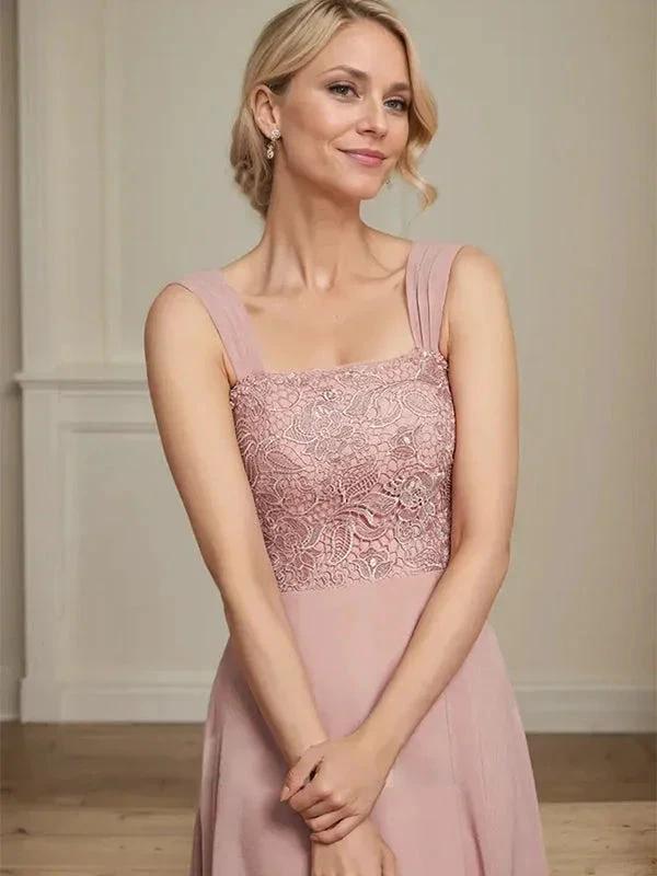 A-line Square Tea-Length Chiffon Lace Mother of the Bride Dress With Sequins Beading - Image 6