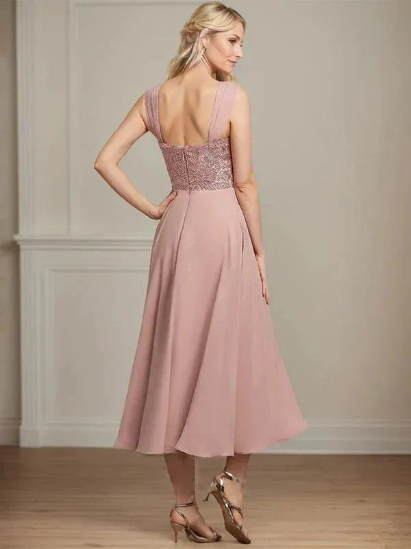 A-line Square Tea-Length Chiffon Lace Mother of the Bride Dress With Sequins Beading - Image 7