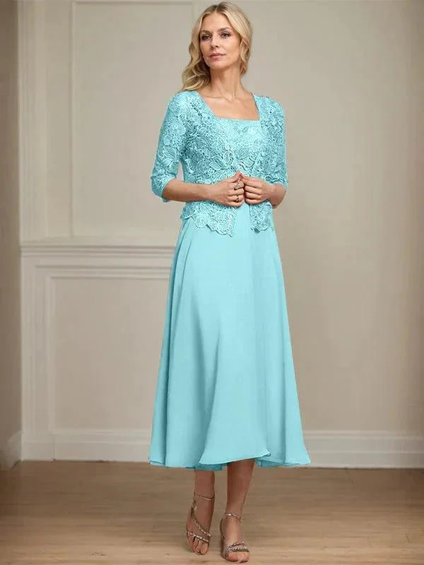 A-line Square Tea-Length Chiffon Lace Mother of the Bride Dress With Sequins Beading - Image 8
