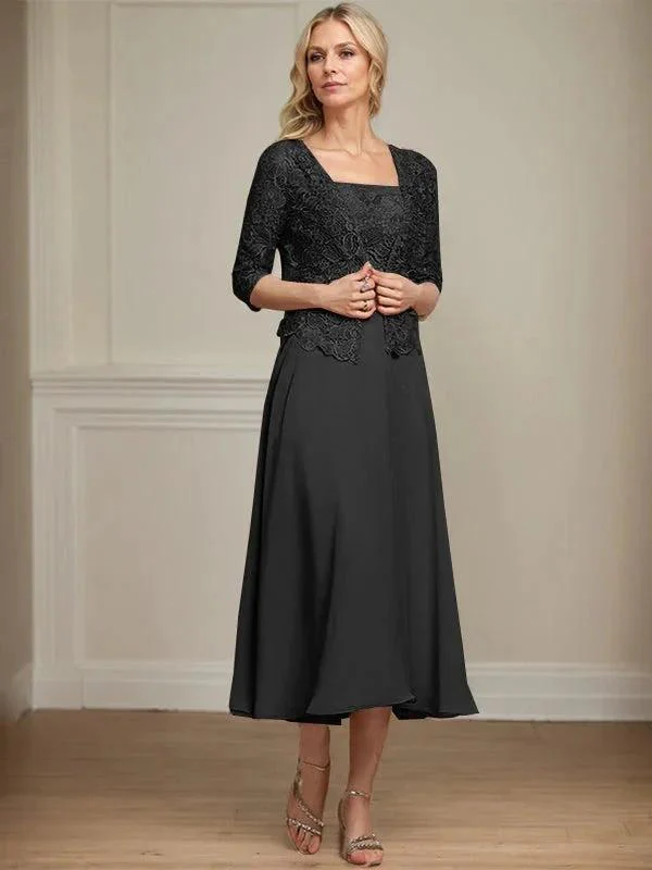 A-line Square Tea-Length Chiffon Lace Mother of the Bride Dress With Sequins Beading - Image 9